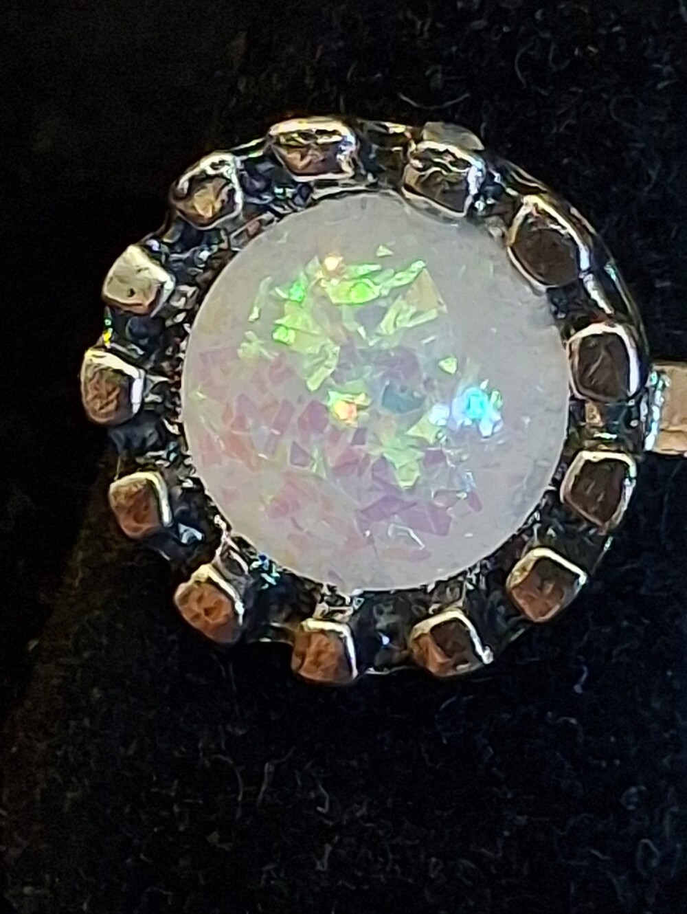 Opal-Effect Silvertone Ring Iridescent White Size 7